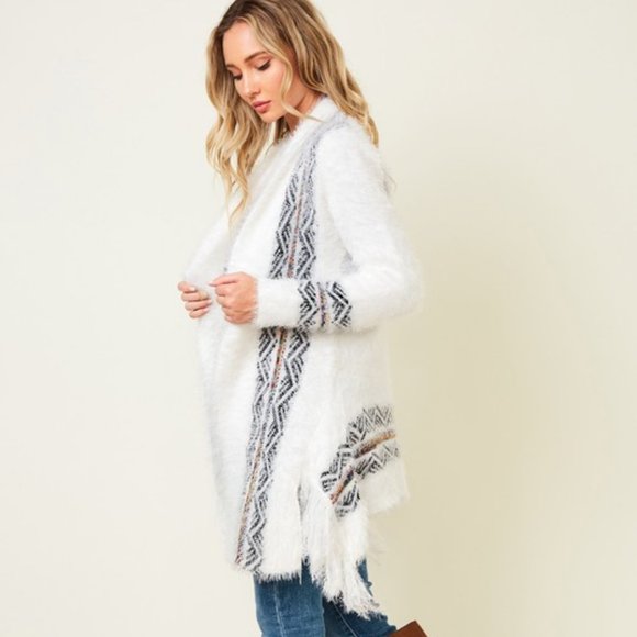 NEW ON BLUE AZTEC SOUTHWESTERN sweater drape cardigan fringe white soft Sm-3XL - Picture 8 of 9